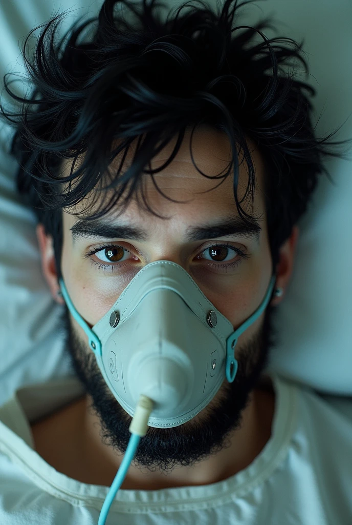Selfie of young white man with black eyes messy hair with black beard in a hospital bed with oxygen mask