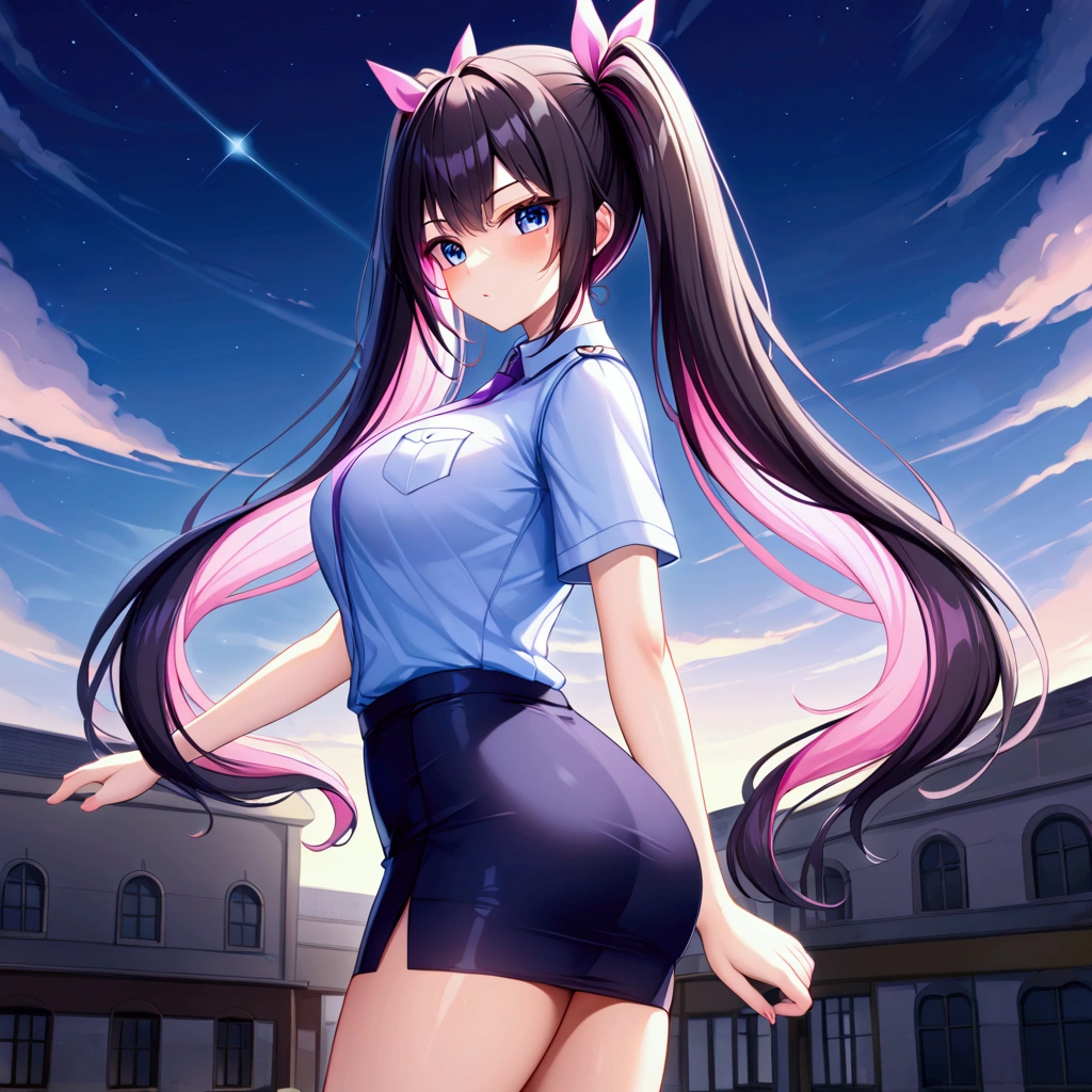 (email) extremely detailed CG unity 8k wallpaper 8KCG壁紙((Highest quality))、(masterpiece)、upper body(Realistic Shadows)、NSFW、(１6  beautiful girl),(Subjective)、cropped torso、looking back、Twin tails、Long Hair、(colored inner hair　black hair + pink inner hair)、Pink hair ribbon、Blue eyes、Police Officer、Black shirt、Purple tie、pencil skirt