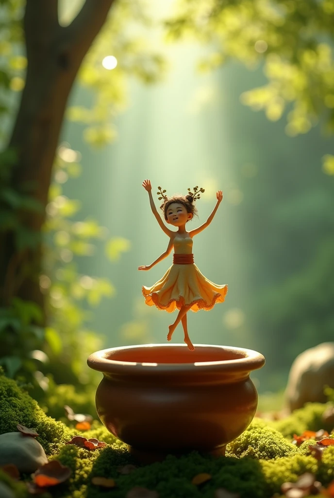 A whimsical miniature figure composed 
poised in a carefree dance on the rim of 
pot, set against a lush, vibrant forest
backdrop, where dappled sunlight filters 
through the canopy above, casting 
intricate shadows, The overall aesthetics 
with warm. earthy number, 