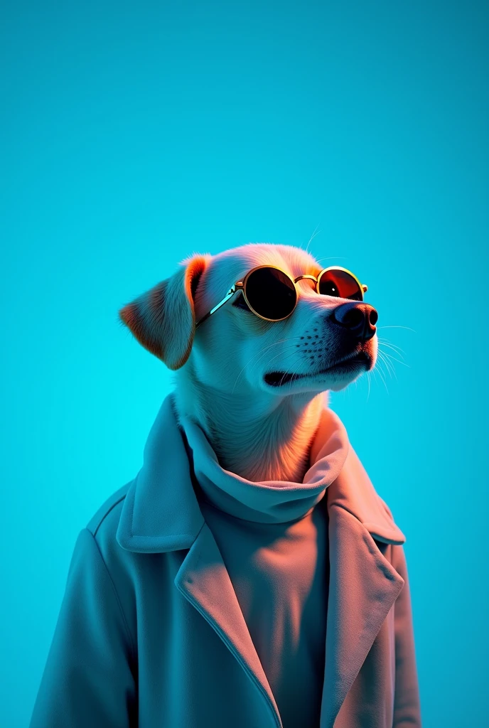 The best cell phone wallpaper, Award-Winning Wallpaper, portrait photography, In the front view is a portrait of a cute dog wearing mid-1960s space age fashion, Side view photo, Shot with Canon EOS R5, Set a strong contrast that accentuates the subject, Fluorescent blue tone, Wearing a very modern coat and sunglasses is a modern 1960s style, Clothes all in one color, beautiful background