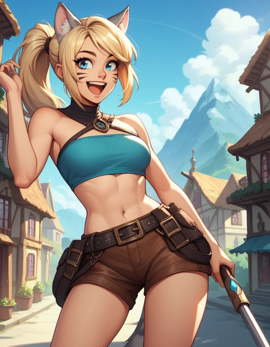 Solo, score_9,score_8_up,score_7_up, score_6_up, score_5_up,source_anime, human, Kat, blue eyes, black whisker marks on face, grey cat ears, blonde hair, hair in ponytail, wearing blue bandeau, brown shorts, adventuring gear, leather boots, laughing, big smile, mouth open, on a mountain pass trail, standing, in a village, hands to her face 