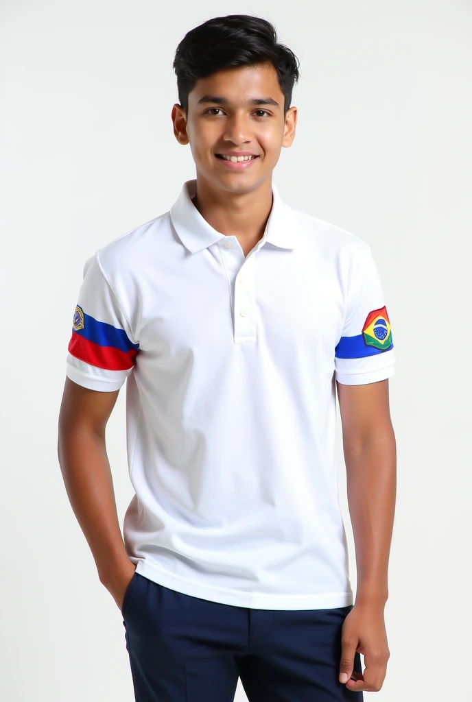 High school uniform design, white polo shirt with blue and red detail and the flag of Pará on one arm and Brazil on the other arm
