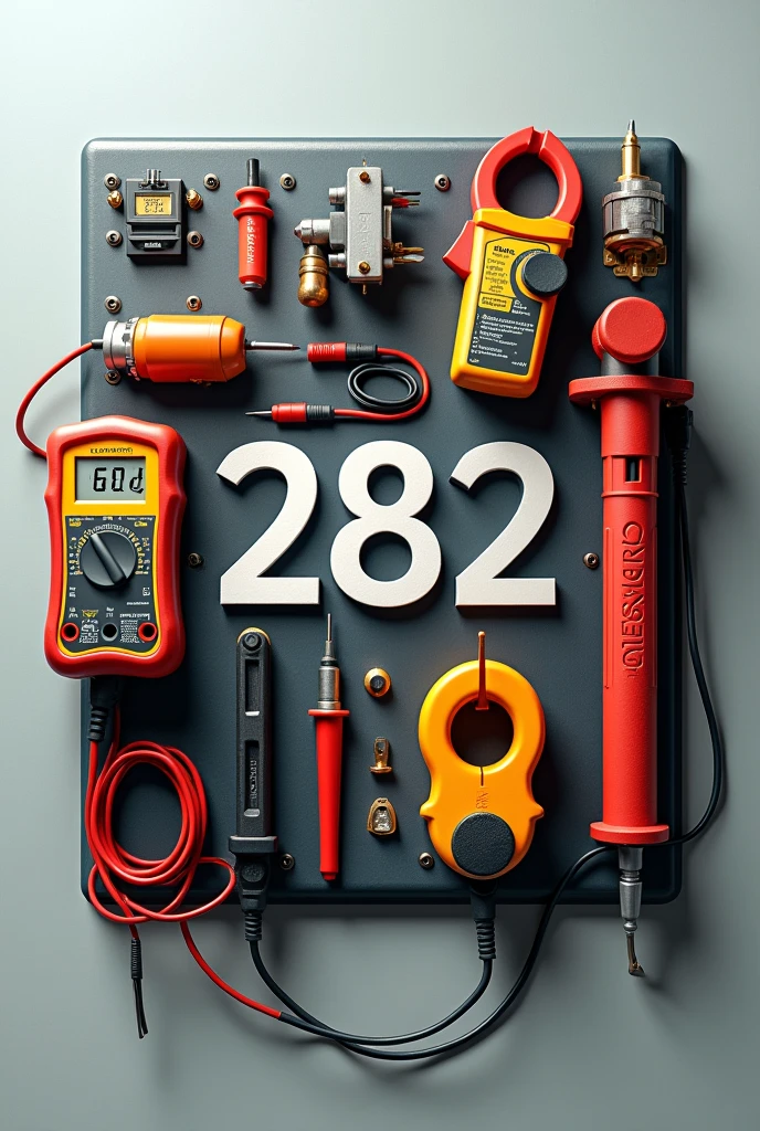 Electrician's nameplate with tools, clamp meter, wires and the number 282 in the center of the board