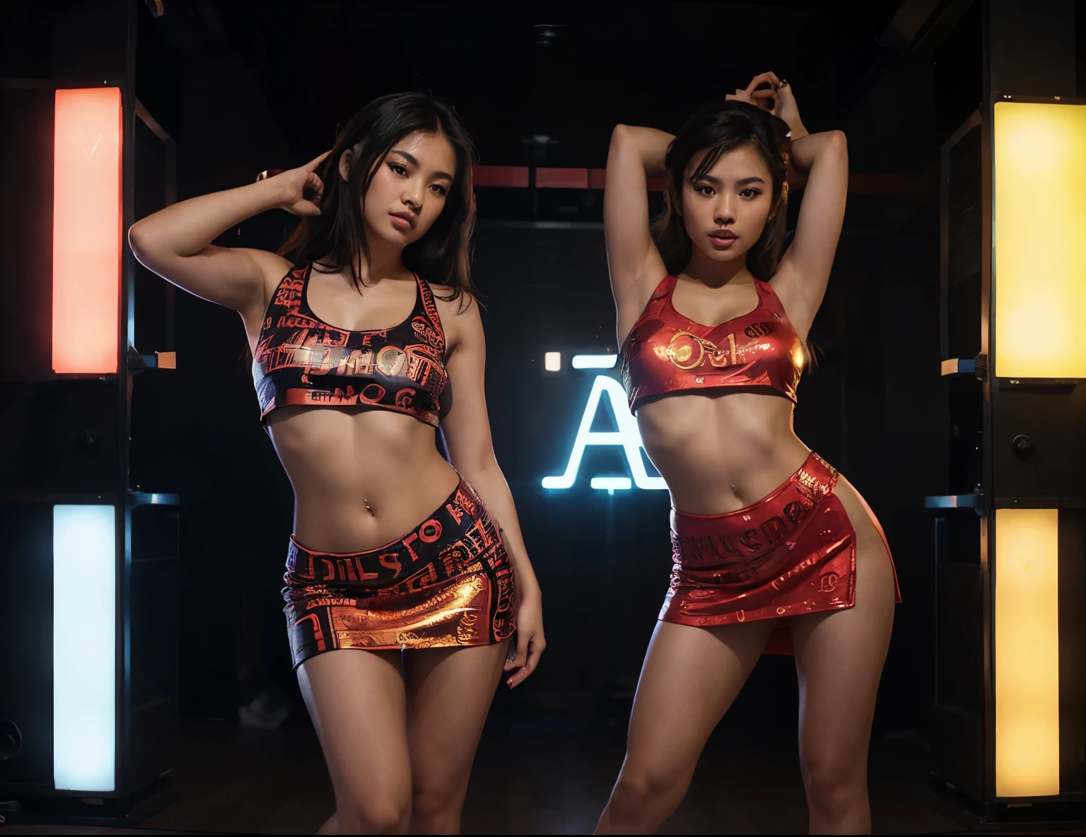 (1girl,2girls,beautiful asian women,hot asian women,women in mini dresses,women in tank tops,sensual dance,dancing,club scene,bold typography,slay,typography poster,high quality,extremely detailed,cinematic lighting,hyper realistic,photorealistic,8k,masterpiece)