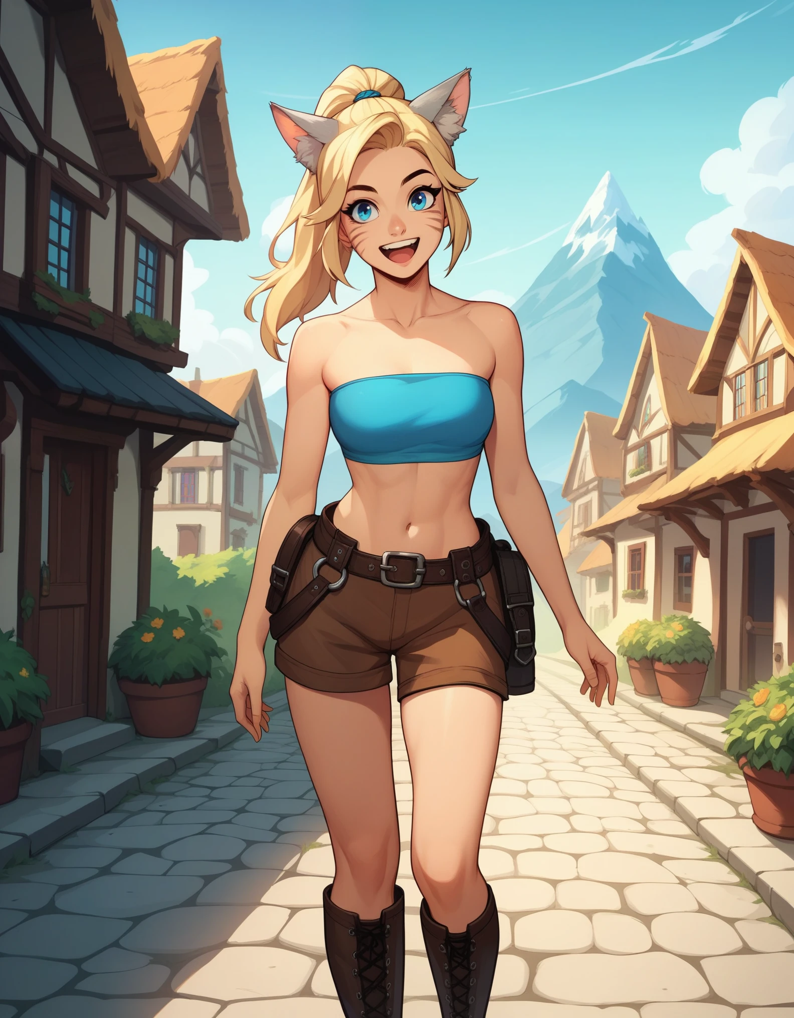 Solo, score_9,score_8_up,score_7_up, score_6_up, score_5_up,source_anime, human, Kat, blue eyes, black whisker marks on face, grey cat ears, blonde hair, hair in ponytail, wearing blue bandeau, brown shorts, adventuring gear, leather boots, laughing, big smile, mouth open, on a mountain pass trail, standing, in a village, hands to her face