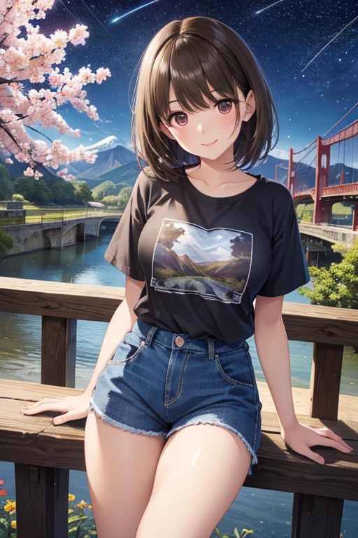 anegasaki nene、Shiny brown hair, short hair, (Beautiful brown eyes、Sparkling eyes, Fine grain)、smile、Ultra-detailed eyes、Highly detailed face, Highly detailed eyes,
Fisheye Lens、
Large in the center、明るいsmile、T-shirt and denim shorts、Crossing a large suspension bridge over a valley、From the top of the suspension bridge、Looking timidly at the valley from the bridge、Flowers of the Valley々Surrounded by、Night Sky、shooting star、moon、Facial highlights