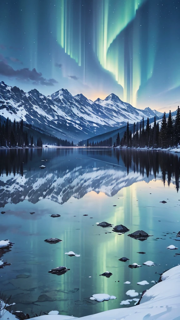 cabin with a massive mountain view,Shinkai Makoto style,beautifully detailed cabin,extremely detailed mountain range,soft lighting,vivid colors,realistic art,aurora borealis in the night sky,reflection of the cabin in a calm lake,warm color palette,highres,ultra detailed,photorealistic,professionally rendered,peaceful atmosphere,tranquil setting,gentle breeze,delicate brush strokes,subtle textures,serene mood,scenic beauty,expansive landscape,deep sense of tranquility,harmonious composition,stunning natural scenery,meticulous attention to detail,mountain peaks covered in snow,ethereal and dreamlike ambiance,wispy clouds floating overhead,majestic and awe-inspiring sight,sublime and breathtaking view,overwhelming sense of grandeur,crisp and clear air,enchanting visual experience,emotional and evocative portrayal,captivating and immersive artwork.