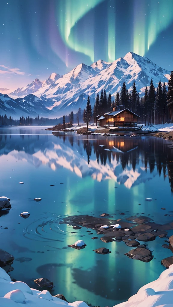 cabin with a massive mountain view,Shinkai Makoto style,beautifully detailed cabin,extremely detailed mountain range,soft lighting,vivid colors,realistic art,aurora borealis in the night sky,reflection of the cabin in a calm lake,warm color palette,highres,ultra detailed,photorealistic,professionally rendered,peaceful atmosphere,tranquil setting,gentle breeze,delicate brush strokes,subtle textures,serene mood,scenic beauty,expansive landscape,deep sense of tranquility,harmonious composition,stunning natural scenery,meticulous attention to detail,mountain peaks covered in snow,ethereal and dreamlike ambiance,wispy clouds floating overhead,majestic and awe-inspiring sight,sublime and breathtaking view,overwhelming sense of grandeur,crisp and clear air,enchanting visual experience,emotional and evocative portrayal,captivating and immersive artwork.