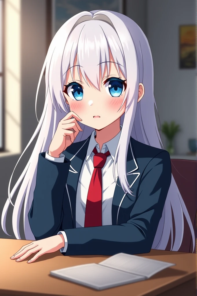 Boku no hero academia template a 16 year old girl with long white hair and blue eyes wearing the ua uniform sitting at her table
