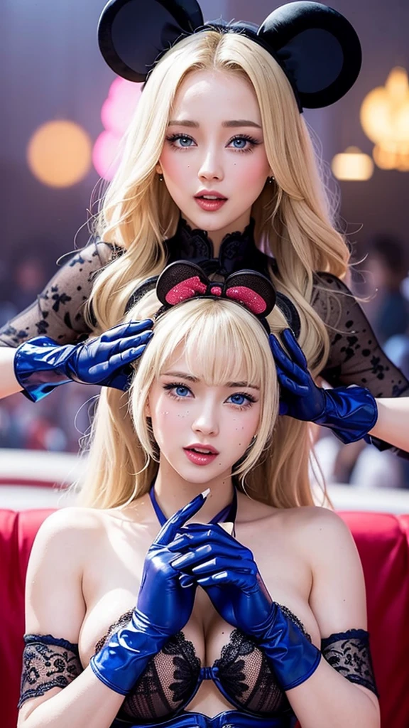 The most erotic sexual climax、Busy Disney World、firework、Blonde、Big Tits、Blue eyes、High nose、Minnie Mouse、Lace and embroidered gloves、Semen is dripping、naked
