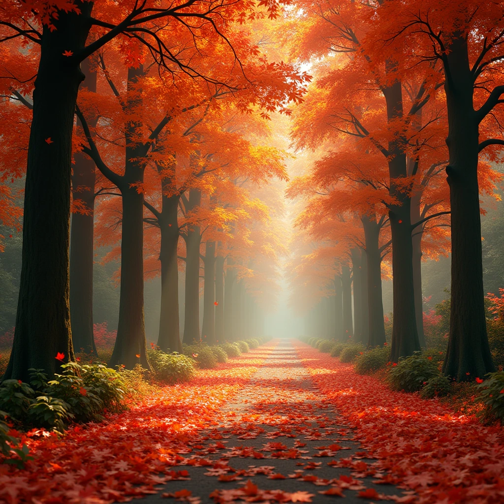 ((masterpiece)), ((Highest quality)), (High resolution:1.2), (Very detailed CG 統合 8k 壁紙),A very beautiful forest breeze, (Beautiful lighting, Ray Tracing), Very detailed, Shot with Canon EOS R 6, (Realistic landscape photography), Really great images, In the woods, ((Fallen leaves on the promenade)),Maple,(Lots of maple leaves),autumn leaves, (Colorful red:1.4), Bright yellow,Photorealistic, Moss