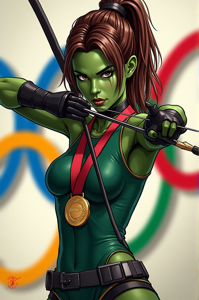 Drawing of Gamorra, a character from Guardians of the Galaxy, with a bow and arrow against the background of the Olympic rings and an Olympic medal around her neck.