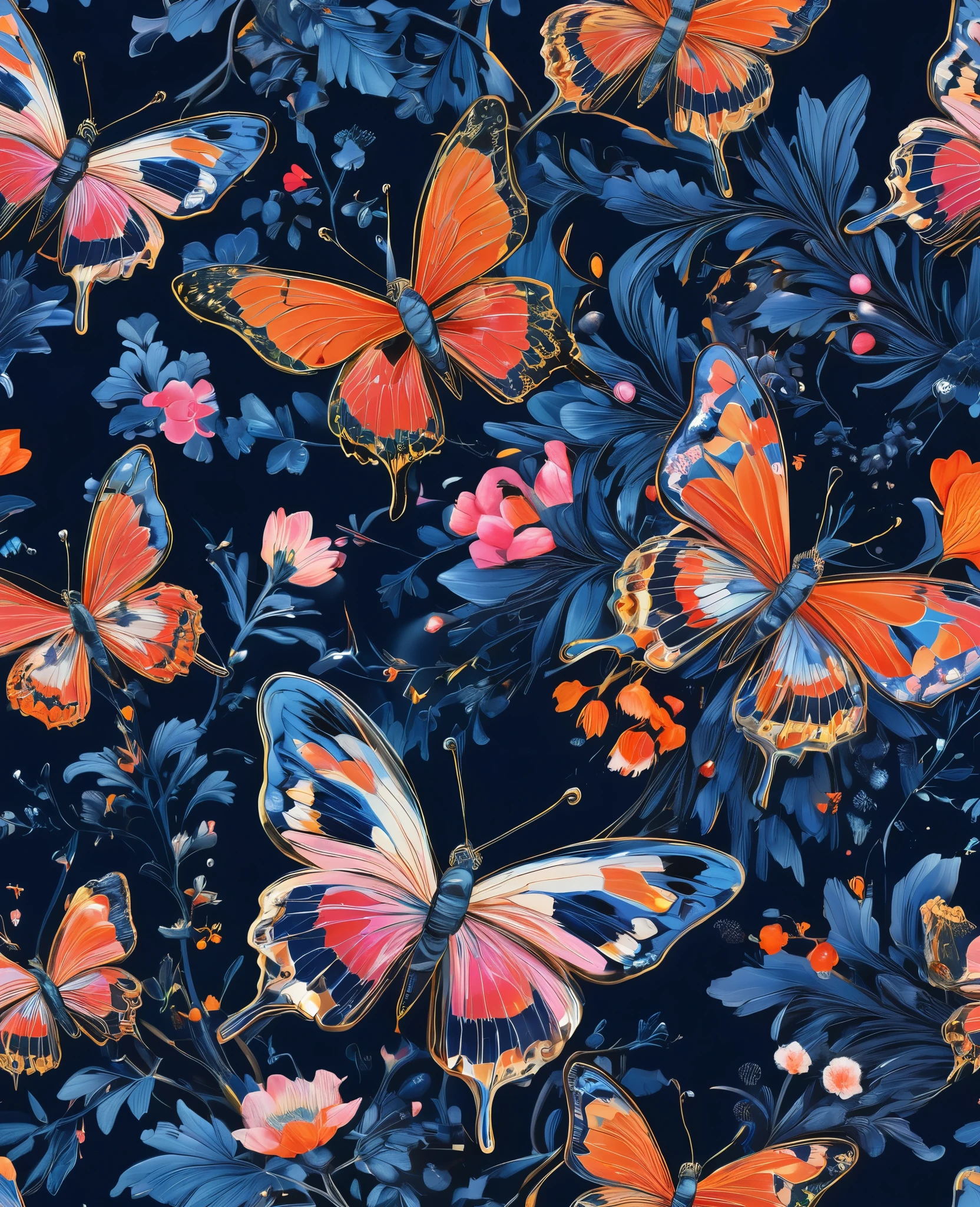 "An ultra-intricate 8K masterpiece inspired by Petra Cortright's graffiti and scribble style, featuring vibrant, metallic butterflies and delicate floral motifs. The design is a professional, highly detailed representation set against a deep midnight blue background, allowing the luminous colors of the butterflies and flowers to stand out. This composition merges elements of comics and contemporary art, showcasing an official artwork with exceptional quality and artistic depth. Each element is meticulously crafted, highlighting the shimmering metallic textures and intricate patterns, creating a visually captivating and dynamic piece."