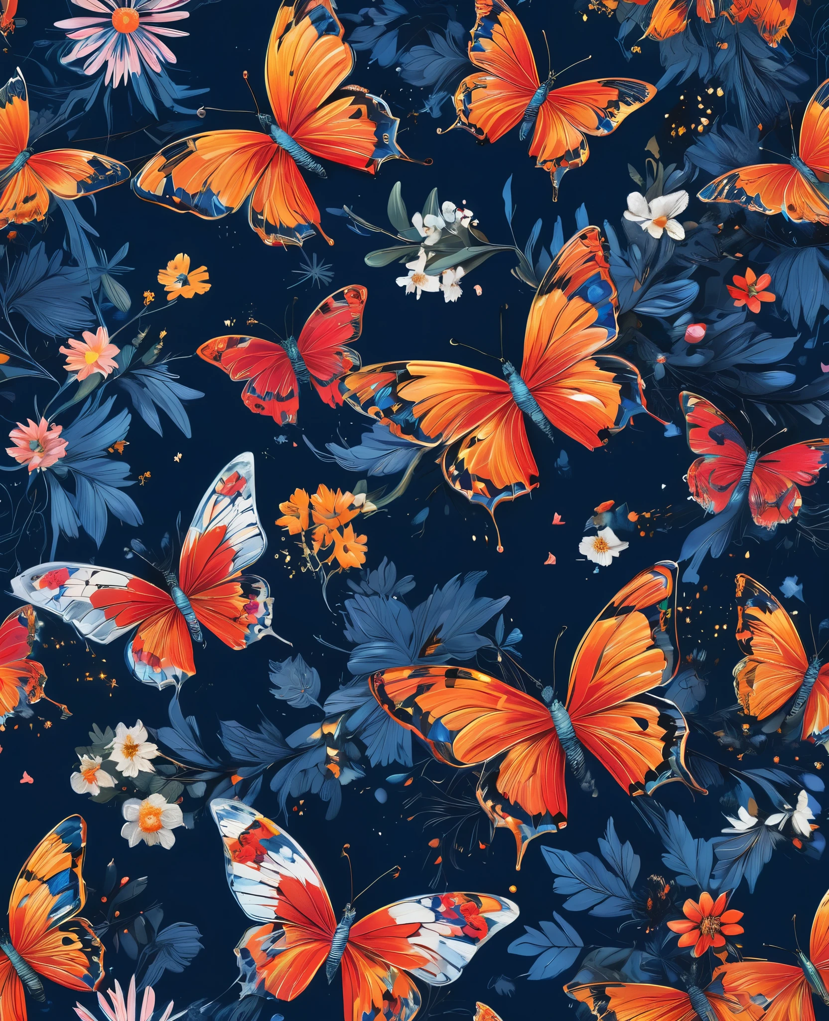 "An ultra-intricate 8K masterpiece inspired by Petra Cortright's graffiti and scribble style, featuring vibrant, metallic butterflies and delicate floral motifs. The design is a professional, highly detailed representation set against a deep midnight blue background, allowing the luminous colors of the butterflies and flowers to stand out. This composition merges elements of comics and contemporary art, showcasing an official artwork with exceptional quality and artistic depth. Each element is meticulously crafted, highlighting the shimmering metallic textures and intricate patterns, creating a visually captivating and dynamic piece."
