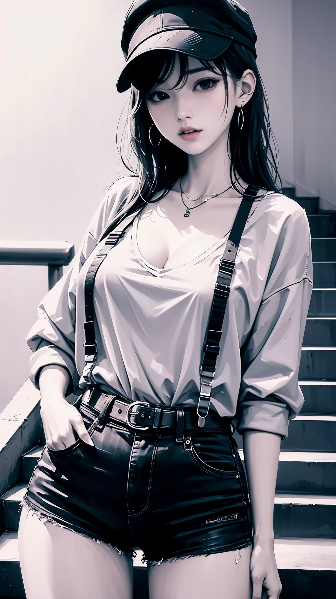 1 busty girl,Stairs in multi-tenant buildings、night:1.5,