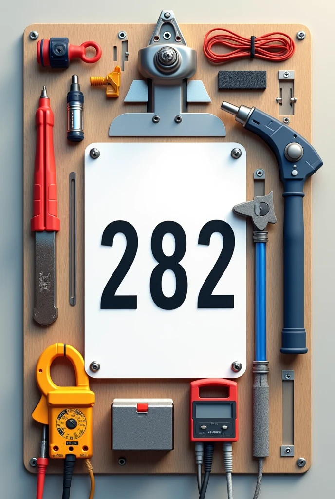 Electrician&#39;s identification plate for inspection sector with tools, clamp meter, wires and the number 282 in the center of the board