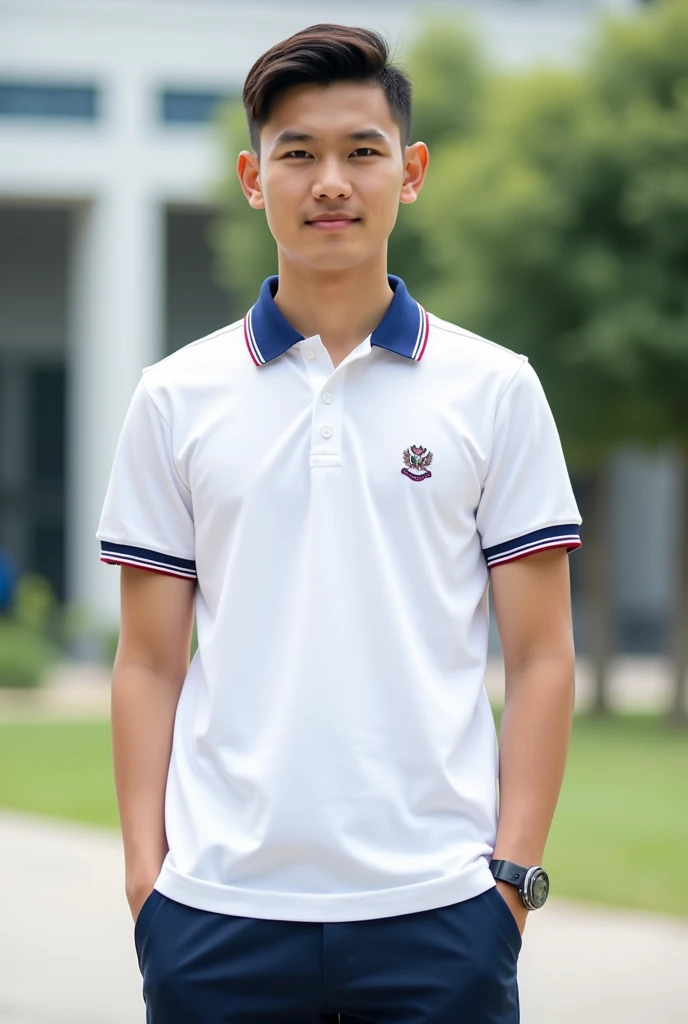 Simple and stylish white polo high school uniform design with blue and red detail