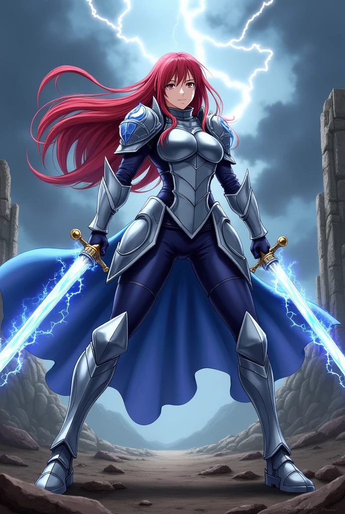 (((Erza Scarlet:1.3))), a fierce and determined warrior, is depicted wearing her iconic (((Heaven’s Wheel Armor:1.2))). Her long, ((crimson hair)) flows freely, contrasting against the shining silver and blue armor. She wields her dual swords with a commanding presence, ready for battle. Her expression is intense and focused, showcasing her determination and strength.

Set in a dramatic battlefield with ((ruined structures)) and a stormy sky. The ground is littered with remnants of past battles, and the air crackles with magic energy. The dark clouds and flashes of lightning add to the sense of urgency and danger.

Erza is positioned in the center of the frame, with a slightly low-angle shot to emphasize her power and authority. The background is slightly blurred to keep the focus on her figure, with the swords prominently displayed.High detail with a sharp focus on the armor’s metallic sheen and the glowing magical energy surrounding the swords. The lighting is dynamic, with bright flashes highlighting the contours of her armor.
Inspired by anime art with a mix of realism in the armor details and dynamic action poses, reflecting Erza’s strength and heroic nature.