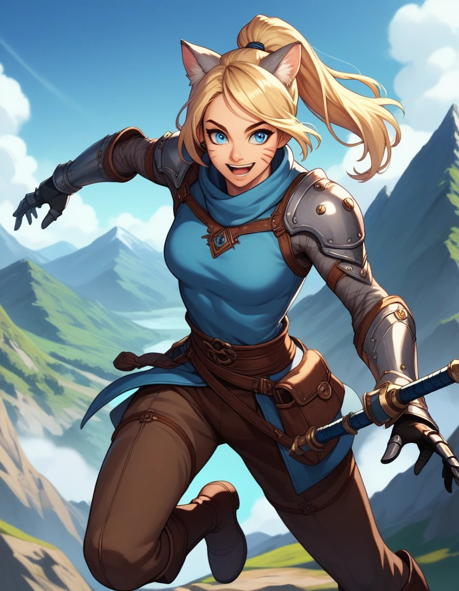 Solo, score_9,score_8_up,score_7_up, score_6_up, score_5_up,source_anime, human, Kat, blue eyes, black whisker marks on face, grey cat ears, blonde hair, hair in ponytail, wearing blue tunic, brown pants, leather gauntlets, adventuring gear, leather boots, big smile, mouth open, on a mountain pass trail, standing, epic pose, on a mountain