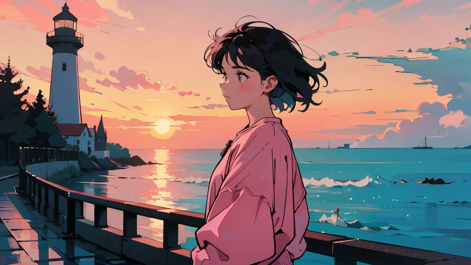 Beautiful woman wearing sweatshirt, reflective, looking at the sea, natta, in the background the sea and a lighthouse, pink sky, overcast day, dark colors 1280x720