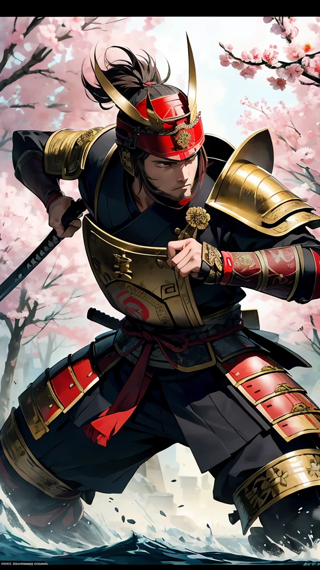 (8k, RAW Photos, 最high quality, masterpiece:1.2), High-quality RAW color photos, Professional photography, Concept Art, (((One young man))), A detailed samurai with a passionate expression, Detailed samurai armor, Detailed Japan sword, Beautifully detailed eyes and face, Intricate and intricate armor designs, Bright red and gold, Japanese temple background, Lively Sakuragi, Intense fighting pose, Emphasise the intensity of the battle, Powerful and dramatic lighting, A traditional Japanese castle visible in the distance, Attention to detail in the armor, Facial Features, Majestic Samurai Helmet, Soft cherry blossom petals floating in the air, Samurai and's stoic expression and the Bright colors, The background shows subtle influences from traditional artworks., Realistic texture of armor, Delicate cherry blossom petals gracefully fall, Traditional Japanese lanterns illuminate the landscape, Subtle reflections on the surface of the armor, Real Samurai Beard, The details of the samurai's armor and clothing are reproduced with amazing precision., (((Perfect Fingers, Five Fingers, Anatomically correct))), Background blur, high quality, Bright colors, Realistic light and shadow with attention to detail, Professional 3D Art,