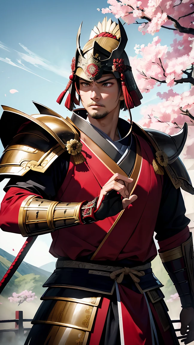 (8k, RAW Photos, 最high quality, masterpiece:1.2), High-quality RAW color photos, Professional photography, Concept Art, (((One young man))), A detailed samurai with a passionate expression, Detailed samurai armor, Detailed Japan sword, Beautifully detailed eyes and face, Intricate and intricate armor designs, Bright red and gold, Japanese temple background, Lively Sakuragi, Intense fighting pose, Emphasise the intensity of the battle, Powerful and dramatic lighting, A traditional Japanese castle visible in the distance, Attention to detail in the armor, Facial Features, Majestic Samurai Helmet, Soft cherry blossom petals floating in the air, Samurai and&#39;s stoic expression and the Bright colors, The background shows subtle influences from traditional artworks., Realistic texture of armor, Delicate cherry blossom petals gracefully fall, Traditional Japanese lanterns illuminate the landscape, Subtle reflections on the surface of the armor, Real Samurai Beard, The details of the samurai&#39;s armor and clothing are reproduced with amazing precision., (((Perfect Fingers, Five Fingers, Anatomically correct))), Background blur, high quality, Bright colors, Realistic light and shadow with attention to detail, Professional 3D Art,