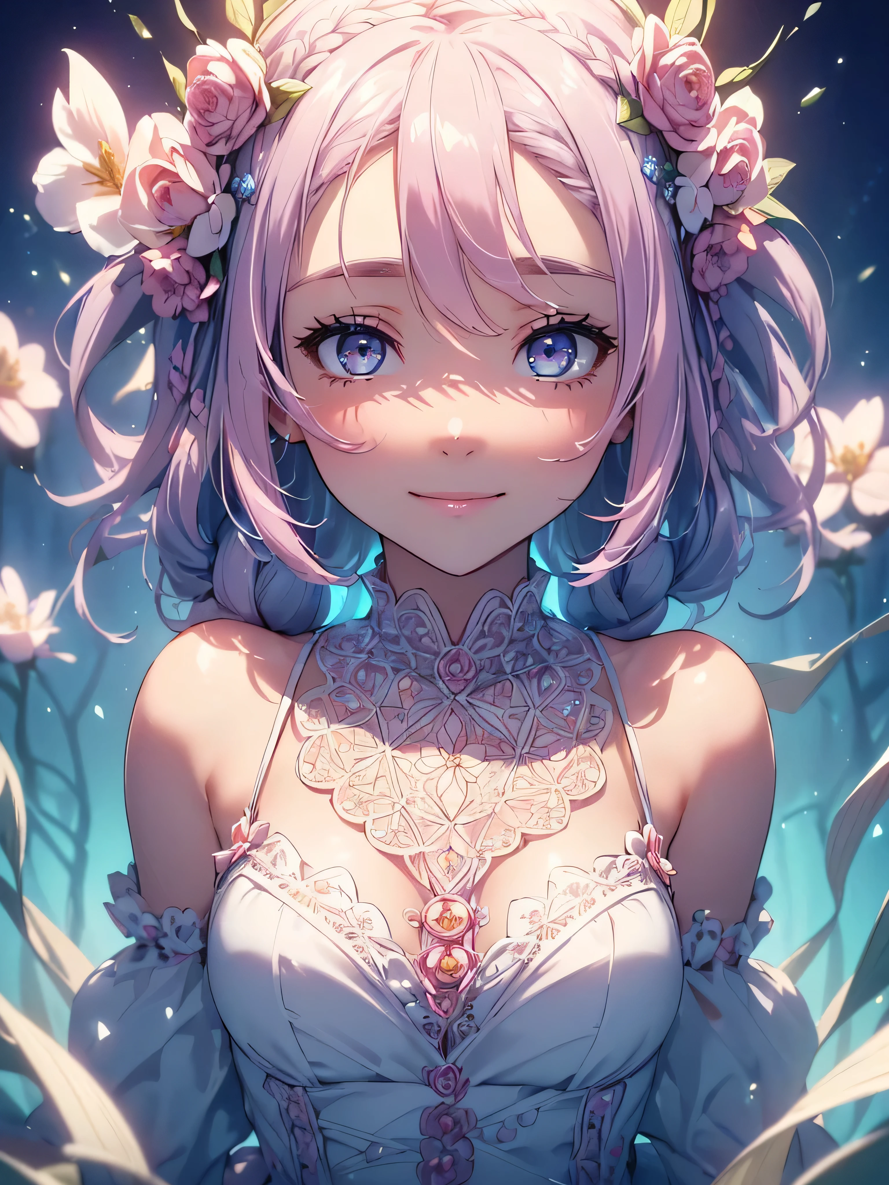 (((best quality, sharp image, clear image, cinematic lighting, 8k resolution, masterpiece, ultra detailed, intricate))) Girl, cute, intricate dress, braided hair, smiling,pastel pink, pastel blue, ((intricate background)), (flower frame), portal,sideview