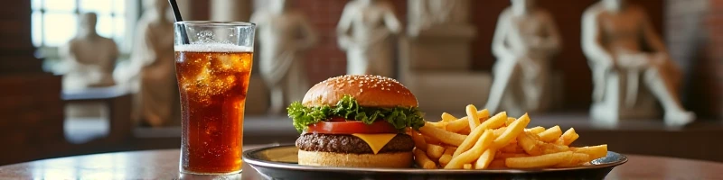 1 table with a tray of French fries, hamburger, and a soda with a straw next to it, background with the theme of Greek mythology Mount Olympus, statues of fully clothed Greek gods in the background and in the cup the title (Athena's burgher) written in white