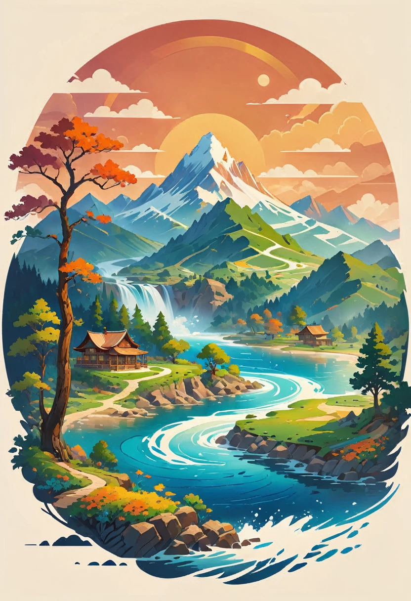 impressive painting of a mountain with trees and water, a detailed painting by Petros Afshar, shutterstock contest winner, environmental art, detailed painting, outlined art, 2d game art, isolated background for logo, strong contours, logo design
