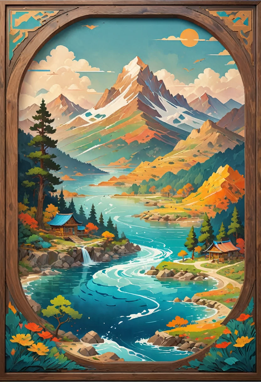 impressive painting of a mountain with trees and water, a detailed painting by Petros Afshar, shutterstock contest winner, environmental art, detailed painting, outlined art, 2d game art, isolated background for logo, strong contours, logo design