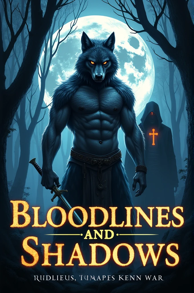 **Generate a Cover Design for "Bloodlines and Shadows"**

**Title:** Bloodlines and Shadows

**Author:** [Amoah Joel Kwegyir K. ]

**Description:**

1. **Background:** The background features a dark, misty forest under a full moon. The trees are tall and shadowy, creating an eerie atmosphere. The moonlight filters through the branches, casting an ethereal glow over the scene.

2. **Central Image:** In the center, there's a dramatic depiction of Omari in his werewolf form, showcasing his fierce amber eyes and powerful stance. He’s in mid-transformation, with part of him still human and the other part a towering beast. His fur glistens under the moonlight, and his muscles are defined, highlighting his primal strength.

3. **Foreground Elements:** To the left, include a smaller, fierce image of Alucard, the rogue vampire lord. His eyes should be menacing, and his figure should be shrouded in dark robes, adding to his sinister aura. His face could be partially obscured by shadows.

4. **Additional Characters:** On the right side, feature Gideon Harker with his holy relic sword and Evelyn Ward with her glowing crucifix necklace. They should be positioned slightly behind Omari, their expressions determined and ready for battle.

5. **Title Text:** The title “Bloodlines and Shadows” is prominently displayed at the top in bold, gothic font. The letters could have a slight glow or be partially obscured by mist, enhancing the supernatural theme.

6. **Author's Name:** Place the author’s name at the bottom in a simpler, elegant font that complements the title but doesn’t distract from the main imagery.

7. **Color Scheme:** Use a palette of dark blues, grays, and blacks with highlights of silver and amber. The moonlight should add a cool, ghostly glow to the scene, emphasizing the supernatural elements.

This design should evoke the mysterious and intense nature of your novel, drawing readers in with its striking visuals and hinting at the supernatural conflicts within the sto