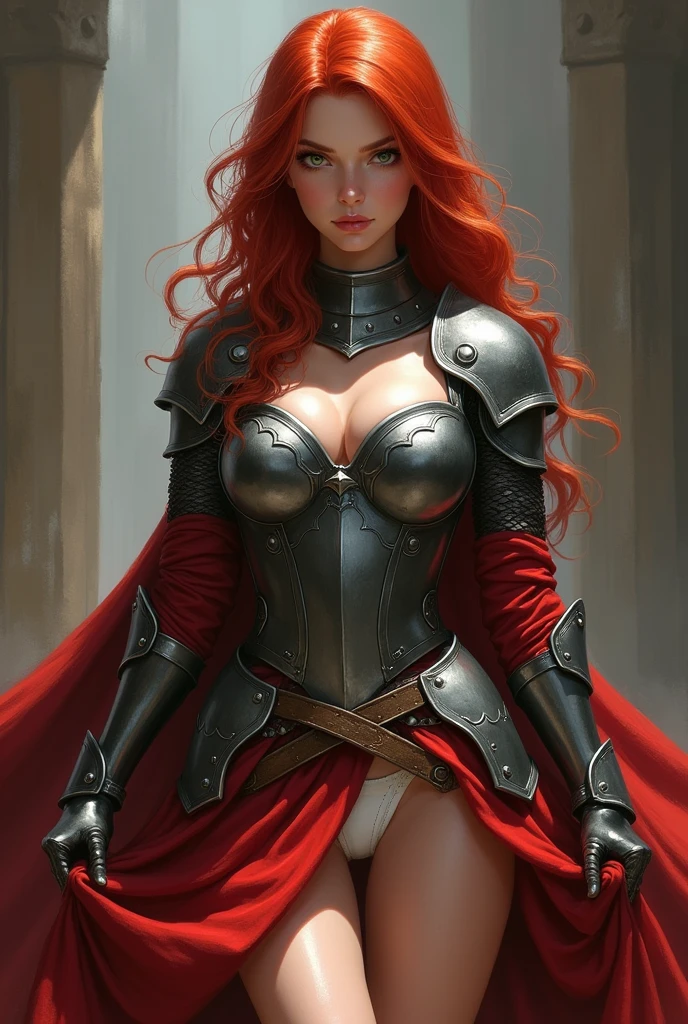 (female warrior: 1.5), (redhead warrior girl: 1.3), 1 girl, solo, pretty girl, young girl, (red hair), (green eyes), thin girl, big breasts, pretty face, slim waist, thin legs , gap between thighs, (naked), (steel breastplate, steel gauntlets, steel gloves: 1.1), (red mini skirt: 1.3), (skirt lifted by itself: 1.1), (skirt lift: 1.3), (showing white panties: 1.3), white panties, tiny panties, (cameltoe: 1.2), frontal, (cowboy shot), medieval fantasy, Dungeons and dragons, RPG character, best quality, (masterpiece), ultra-realistic, 8k
