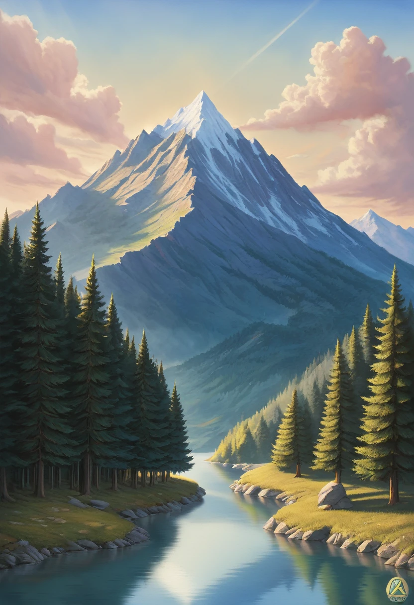 impressive painting of a mountain with trees and water, a detailed painting by Petros Afshar, shutterstock contest winner, environmental art, detailed painting, outlined art, 2d game art, isolated background for logo, strong contours, logo design
