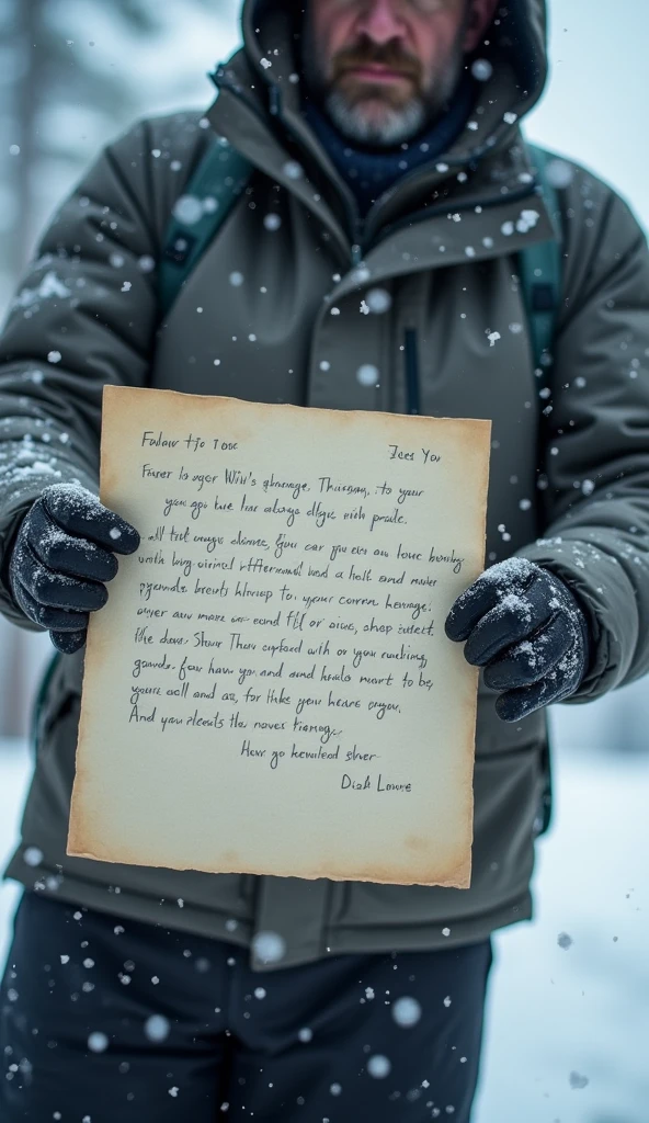 Close-up of a paper letter in the hands, FPV of tall man, a lot of things written on it, Snow is still falling around.