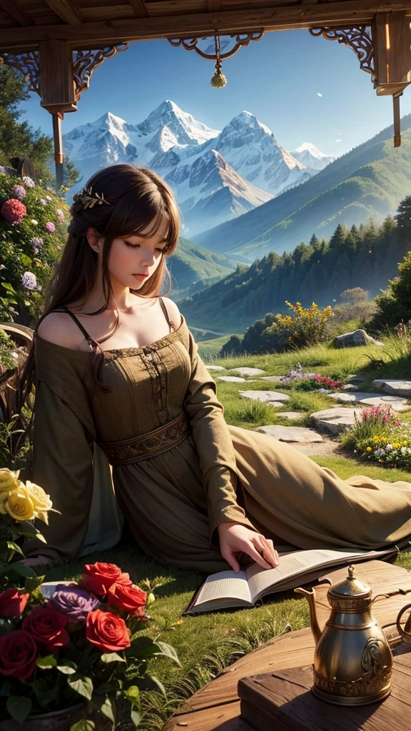 Gorgeous, Masterpiece, Best quality, landscape, A high resolution,4K, the wallpaper, Tracking lights, Mountains, Intricate, Detailed, Inside the interrupt, camp, florest, casa, magical, magic, No_Humanity, Hut, Flowers, Busy, roleplaying, lord of the ring, cozy calm,Peaceful, stunning view