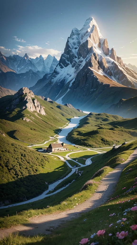 Gorgeous, Masterpiece, Best quality, landscape, A high resolution,4K, the wallpaper, Tracking lights, Mountains, Intricate, Detailed, Inside the interrupt, camp, florest, casa, magical, magic, No_Humanity, Hut, Flowers, Busy, roleplaying, lord of the ring, cozy calm,Peaceful, stunning view