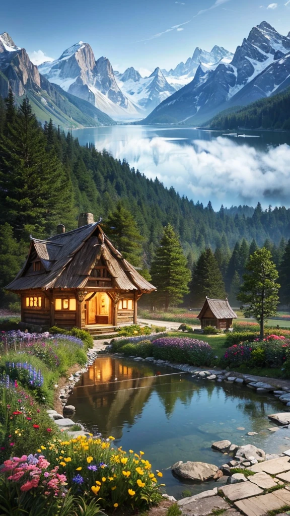 Gorgeous, Masterpiece, Best quality, landscape, A high resolution,4K, the wallpaper, Tracking lights, Mountains, Intricate, Detailed, Inside the interrupt, camp, florest, casa, magical, magic, No_Humanity, Hut, Flowers, Busy, roleplaying, lord of the ring, cozy calm,Peaceful, stunning view