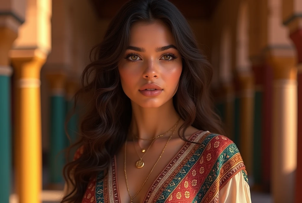A beautiful Moroccan girl, dark brown eyes, 26 years old, almond shaped eyes, oval face shape, wavy hair, 170cm, 65kg, highly detailed face, detailed skin texture, elegant poses, colorful Moroccan dress, gold jewelry, natural lighting, dramatic shadows, warm color palette, portrait, realistic, photorealistic, 8k, masterpiece