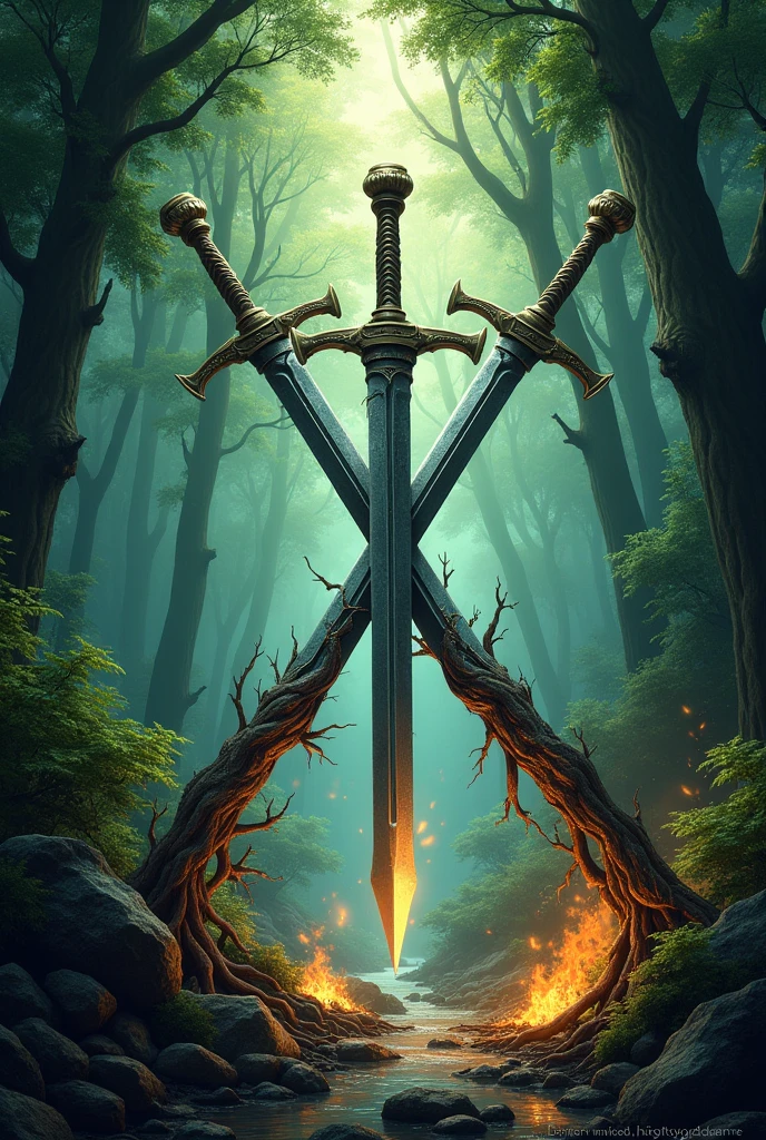 A book cover, front and back and spine that is printable, that has two sworslds crossing in the center of the cover one sword is made of metal and the other is made of roots the background of the cover is a enchanted forest but it mustn't take to much attention and there must be a display of fire, shadows and water and leveraging rocks in the background. The title on the cover must be the nightwood academy and the name Kendra V. D. L as the author.