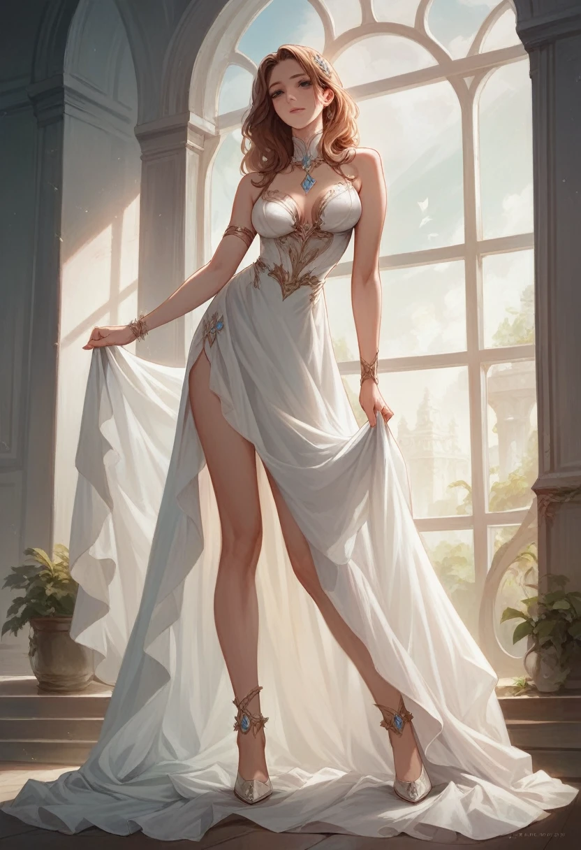 Masterpiece, high quality, top quality, highly detailed, extremely detailed, ultra realistic, 4K, 8K, 16K, delicate anime style illustration. Cinematic lighting, beautiful woman with "legs".
