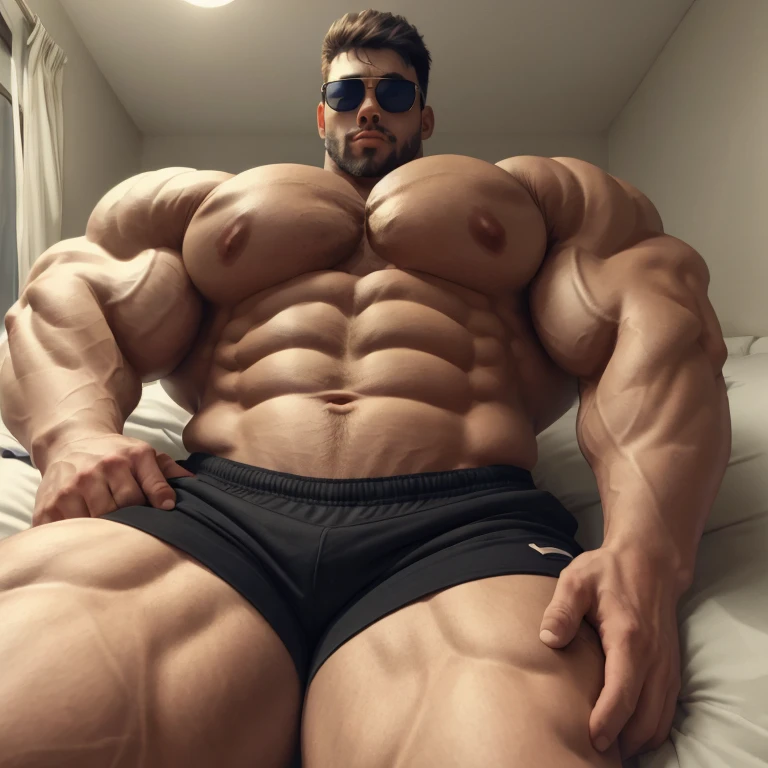 upshot pecs, a very handsome young man, sunglasses, shirtless wearing black shorts, exaggeratedly muscular, exaggeratedly huge muscles, exaggeratedly huge arms, biceps, shoulders and pecs, lying on a bed