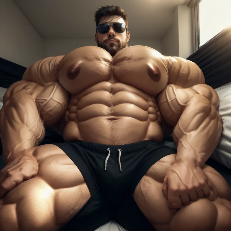 hyper growth, hyper muscles, upshot pecs, a very handsome young man, sunglasses, shirtless wearing black shorts, exaggeratedly muscular, exaggeratedly huge muscles, exaggeratedly huge arms, biceps, shoulders and pecs, lying on a bed