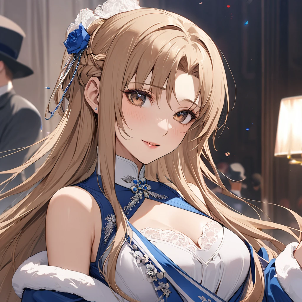 ((Highest quality)), ((masterpiece)), (detailed), (Perfect Face)、The woman is Yuuki Asuna, a Russian with light brown, semi-long hair.、The woman is a member of the United Russia party and is beautifully dressed in the fine attire and luxurious accessories appropriate for a party member.、Women are serving the cause of Great Russia