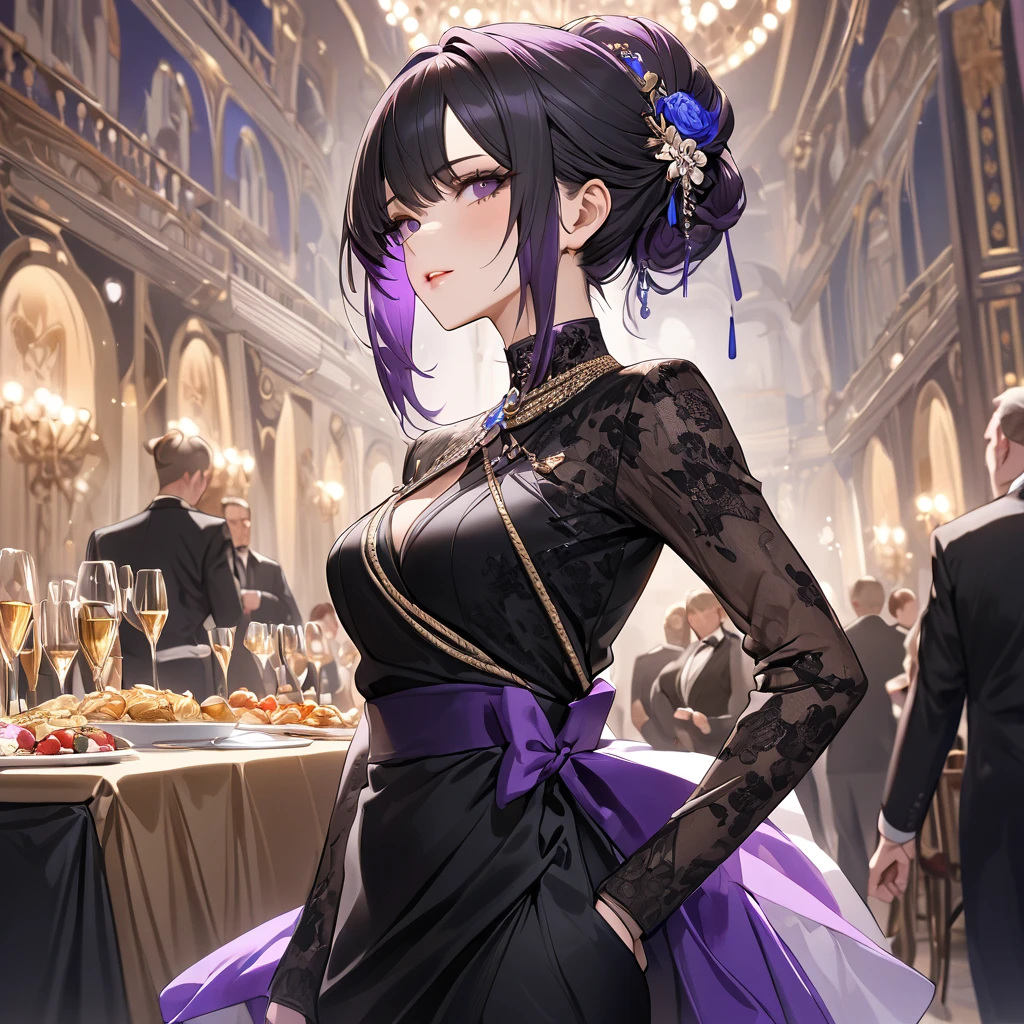 ((Highest quality)), ((masterpiece)), (detailed), (Perfect Face)、The woman is Shinobu Kocho, a Russian with black hair in a purple gradient bob style, tied up in a formal evening hairstyle.、The woman is a member of the United Russia party and is beautifully dressed in the fine attire and luxurious accessories appropriate for a party member.、Women are serving the cause of Great Russia