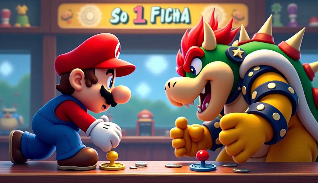 Mario and bowser fight for playing arcade from label Só 1 Ficha, this label has a small coin as a Logo mark