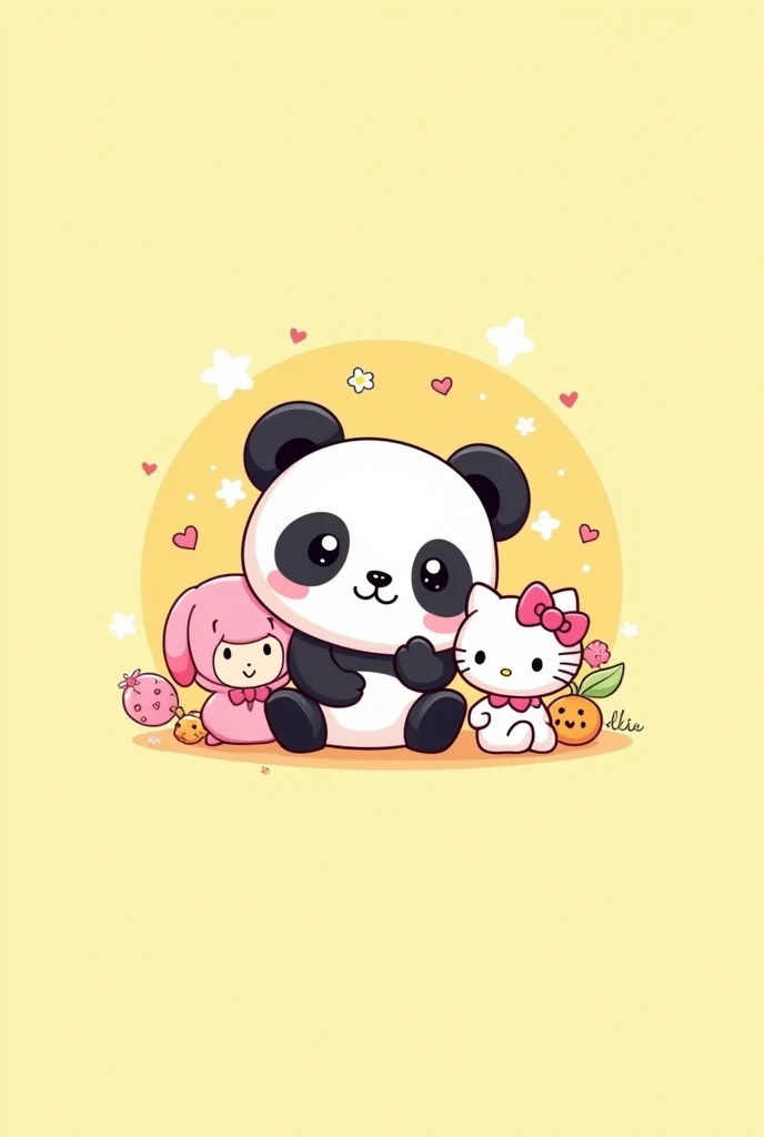 A logo for a page that includes a cute animated panda along with animated Sanrio characters and the background is a baby yellow color 