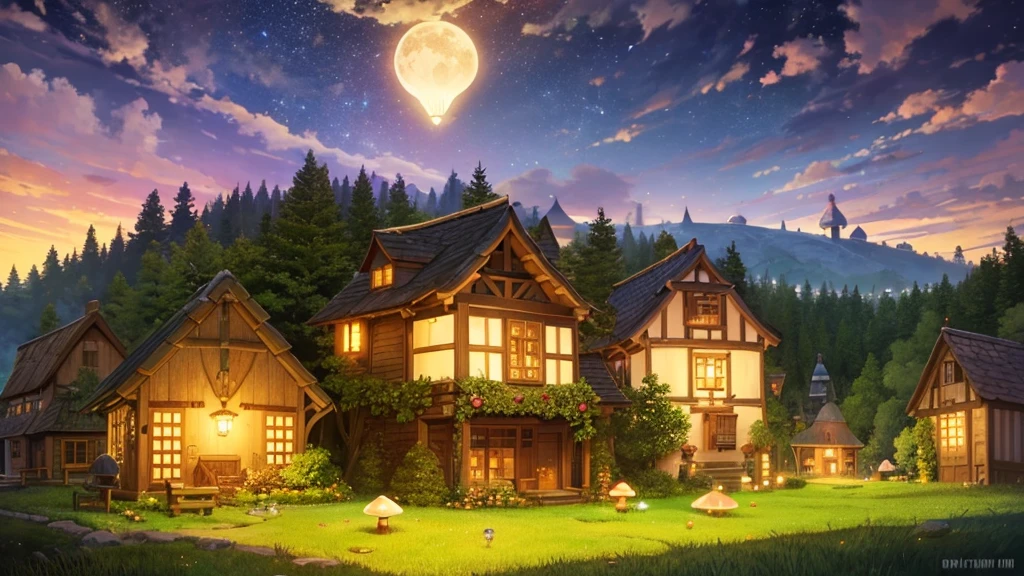 An enchanting nighttime scene of a tiny mushroom village, depicted in a whimsical, animated style. The village is nestled among oversized mushrooms with glowing, bioluminescent caps that light up the surroundings. The village houses are small, cozy mushroom huts with warm, inviting windows. The night sky is filled with twinkling stars and a soft, glowing moon, casting a gentle light over the village. Small details like fireflies or lanterns add to the magical atmosphere. The overall feel is serene and whimsical, capturing the charm of a nighttime fairy-tale village."