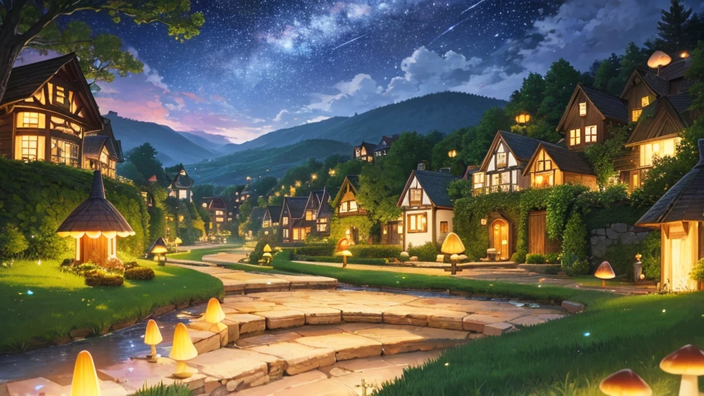 An enchanting nighttime scene of a tiny mushroom village, depicted in a whimsical, animated style. The village is nestled among oversized mushrooms with glowing, bioluminescent caps that light up the surroundings. The village houses are small, cozy mushroom huts with warm, inviting windows. The night sky is filled with twinkling stars and a soft, glowing moon, casting a gentle light over the village. Small details like fireflies or lanterns add to the magical atmosphere. The overall feel is serene and whimsical, capturing the charm of a nighttime fairy-tale village."