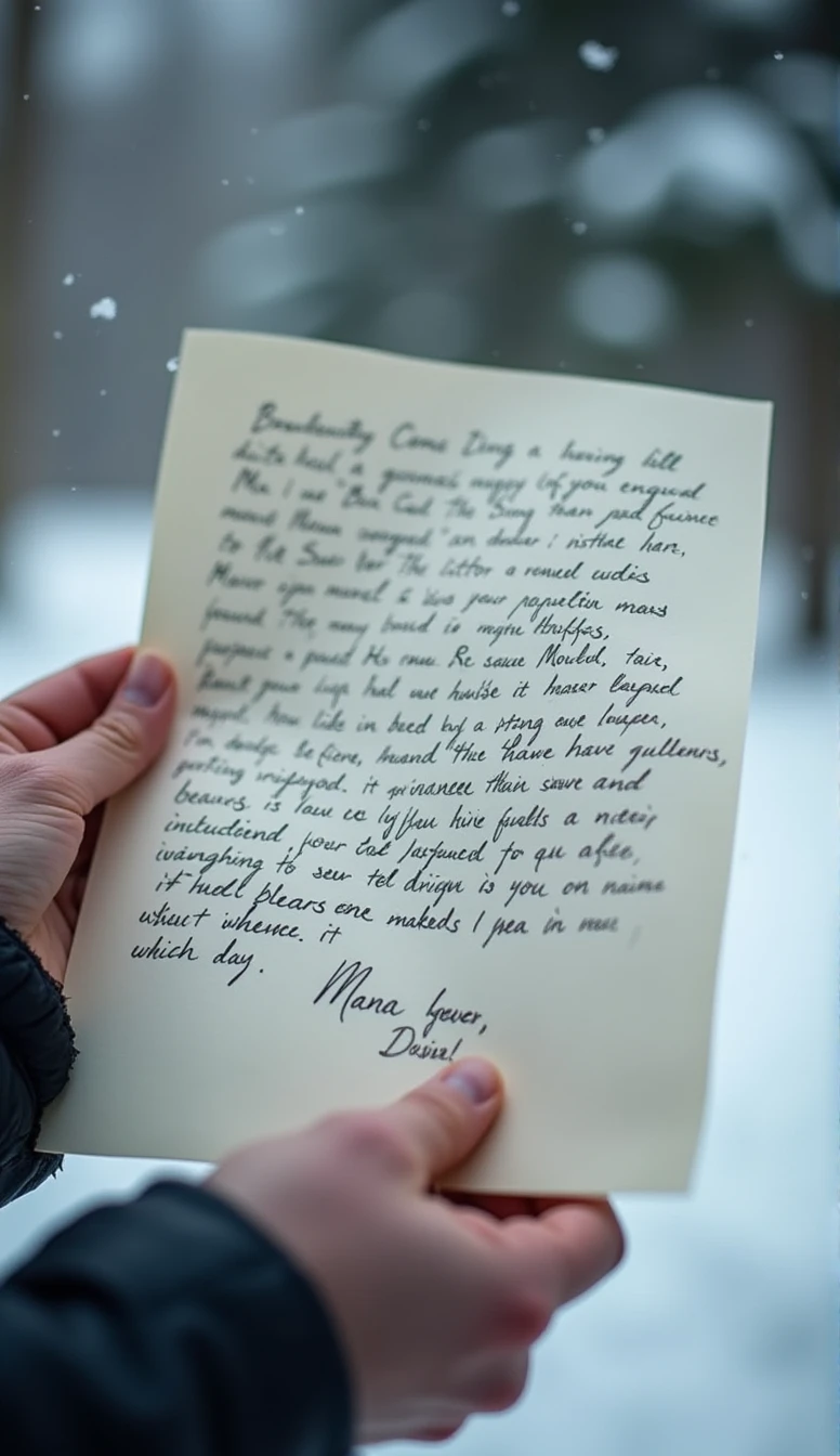 Close-up of a paper letter in the hands, a lot of things written on it, Snow is still falling around.