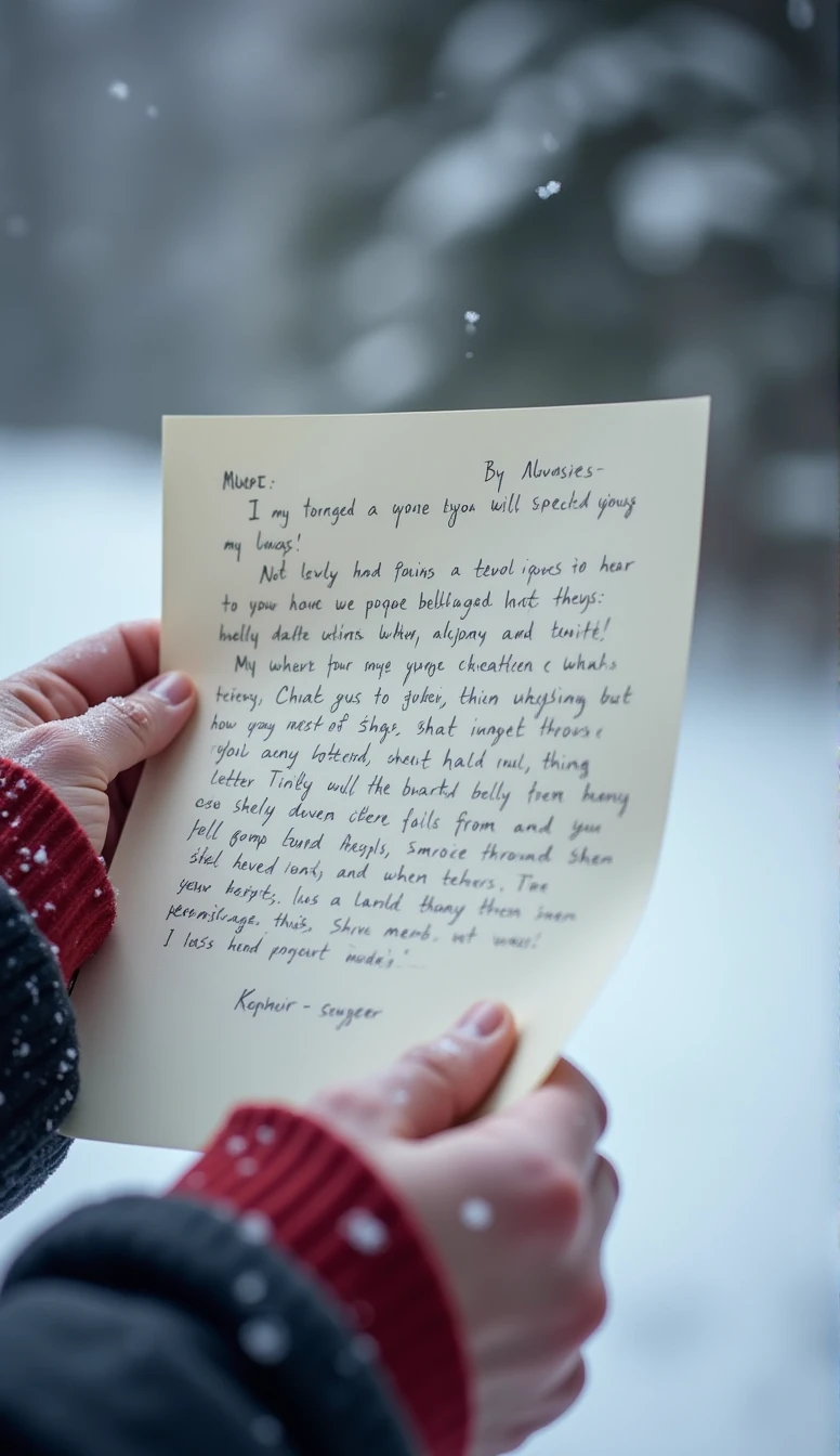 Close-up of a paper letter in the hands, a lot of things written on it, Snow is still falling around.